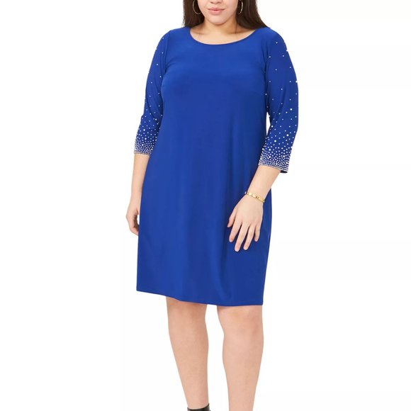 MSK Plus Size Faraj Embellished-Sleeve Crystal V Neck Formal Midi Dress Blue - Picture 1 of 6